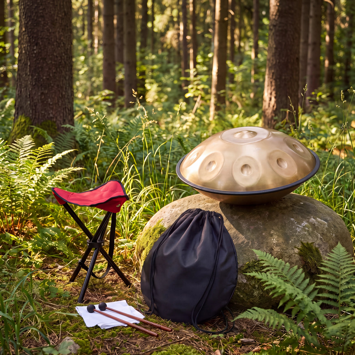 Handpan SAFRAN doré posé sur un rocher en forêt, avec sa housse et ses mailloches – Kovapan