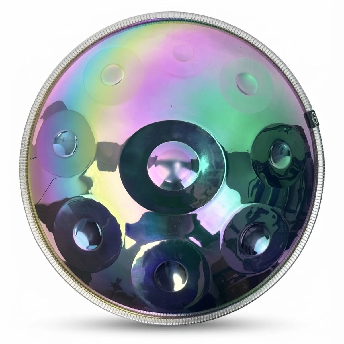 Handpan harmonie finition iridescente – face inférieure reflets rose vert arc-en-ciel – Kovapan