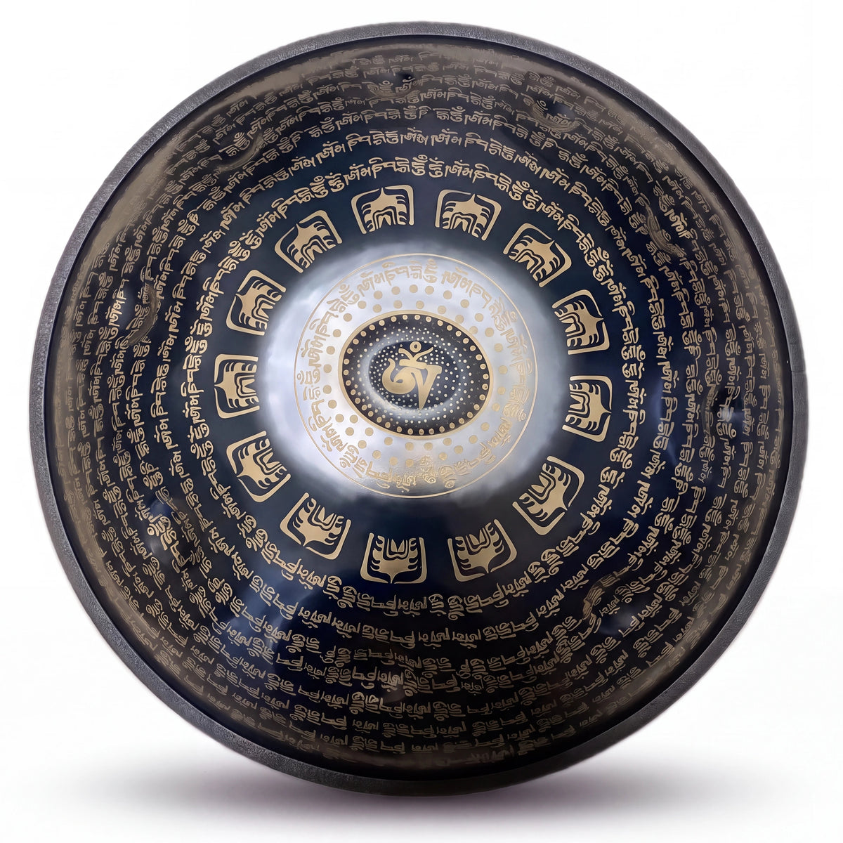 Handpan haut de gamme ONYX noir, décors dorés et mandala central, vue de dessus – Kovapan