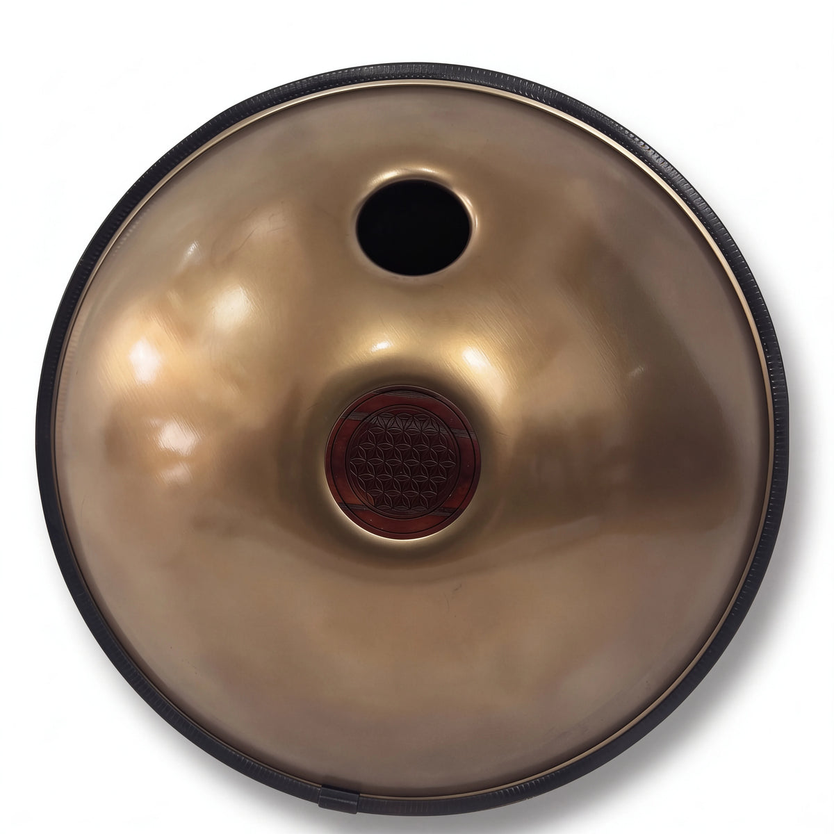 Dessous du handpan drum instrument SOLEIL doré : ouverture centrale (Gu) – Kovapan