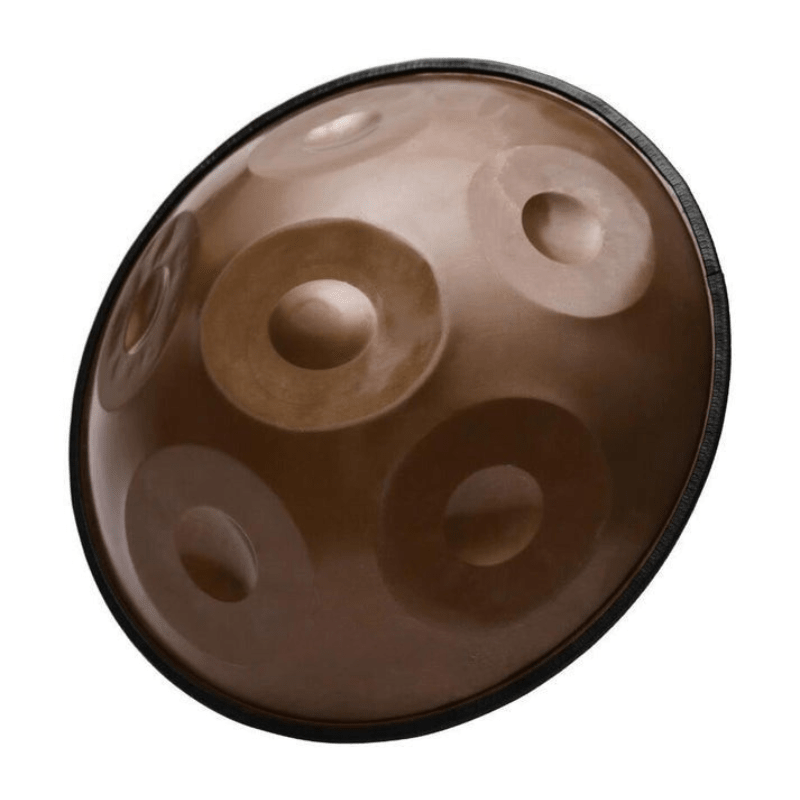 Mini handpan GALET 6 notes bronze, vue de trois quarts des champs de notes – Kovapan