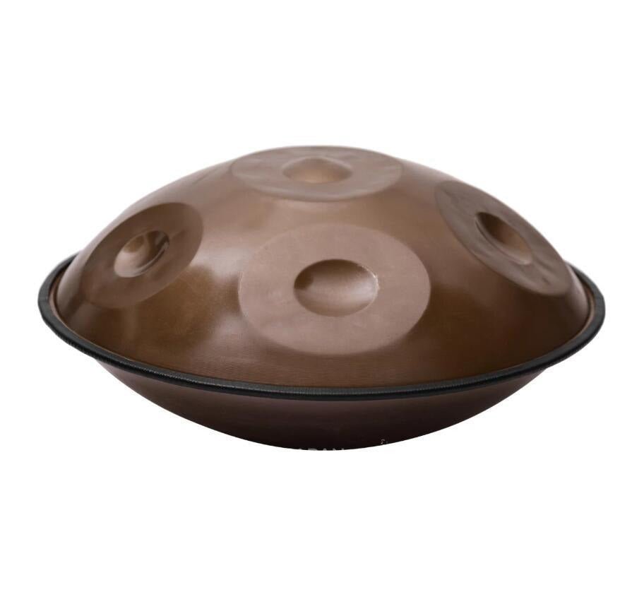 Mini handpan GALET 6 notes bronze, vue de profil avec bordure noire – Kovapan