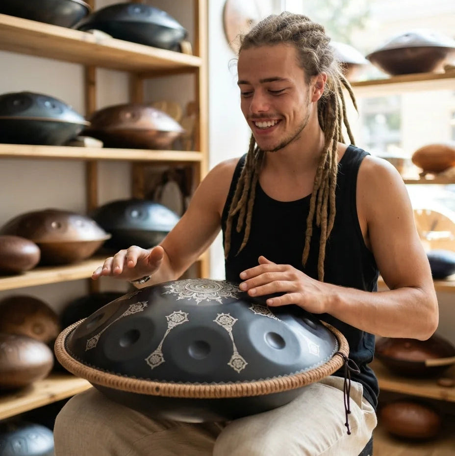 Musicien jouant d'un handpan pas cher OBSIDIENNE noir aux motifs mandala, entouré de handpans – Kovapan