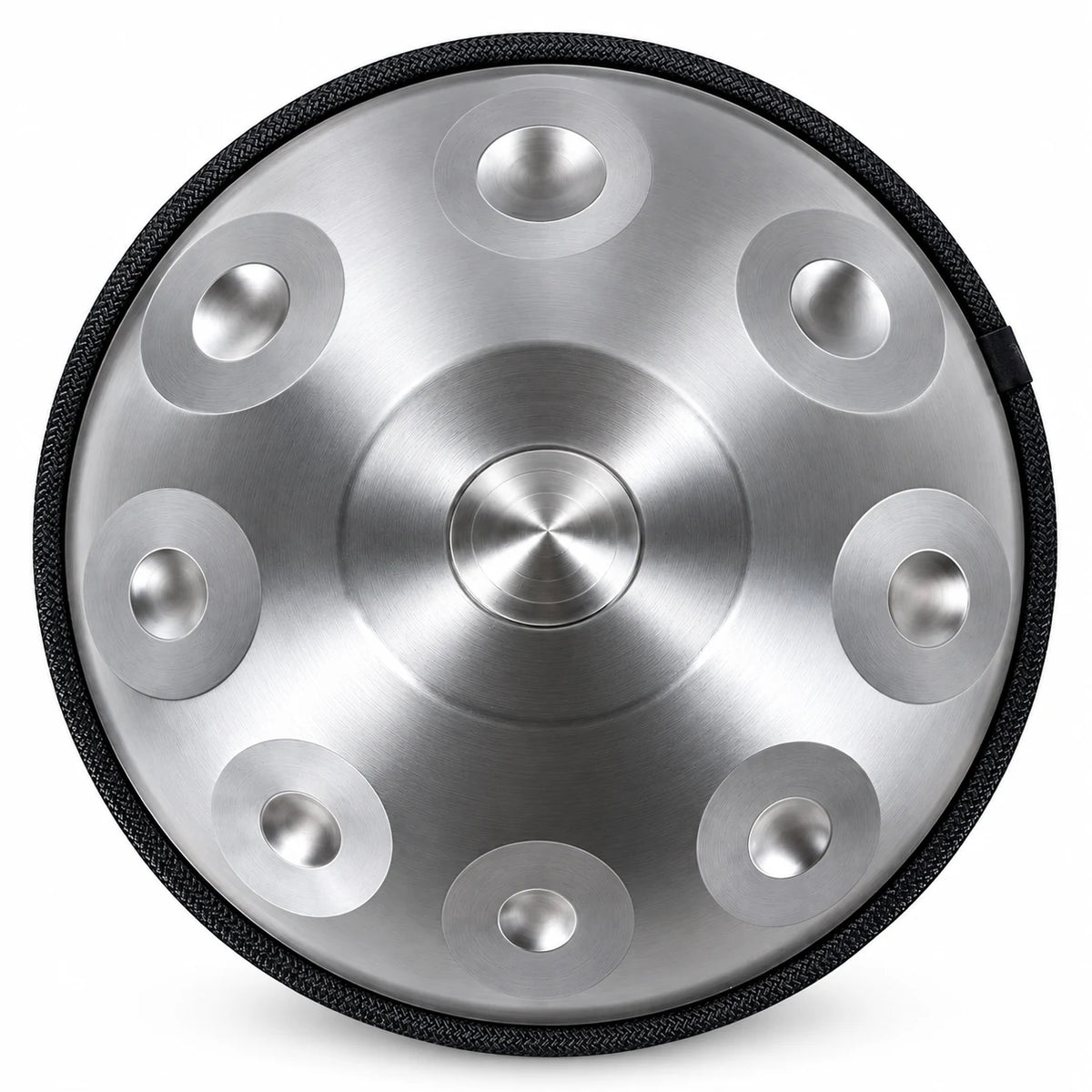 Handpan Ré Mineur Kurd STELLAR argenté en acier brossé, vu de dessus sur fond blanc – Kovapan