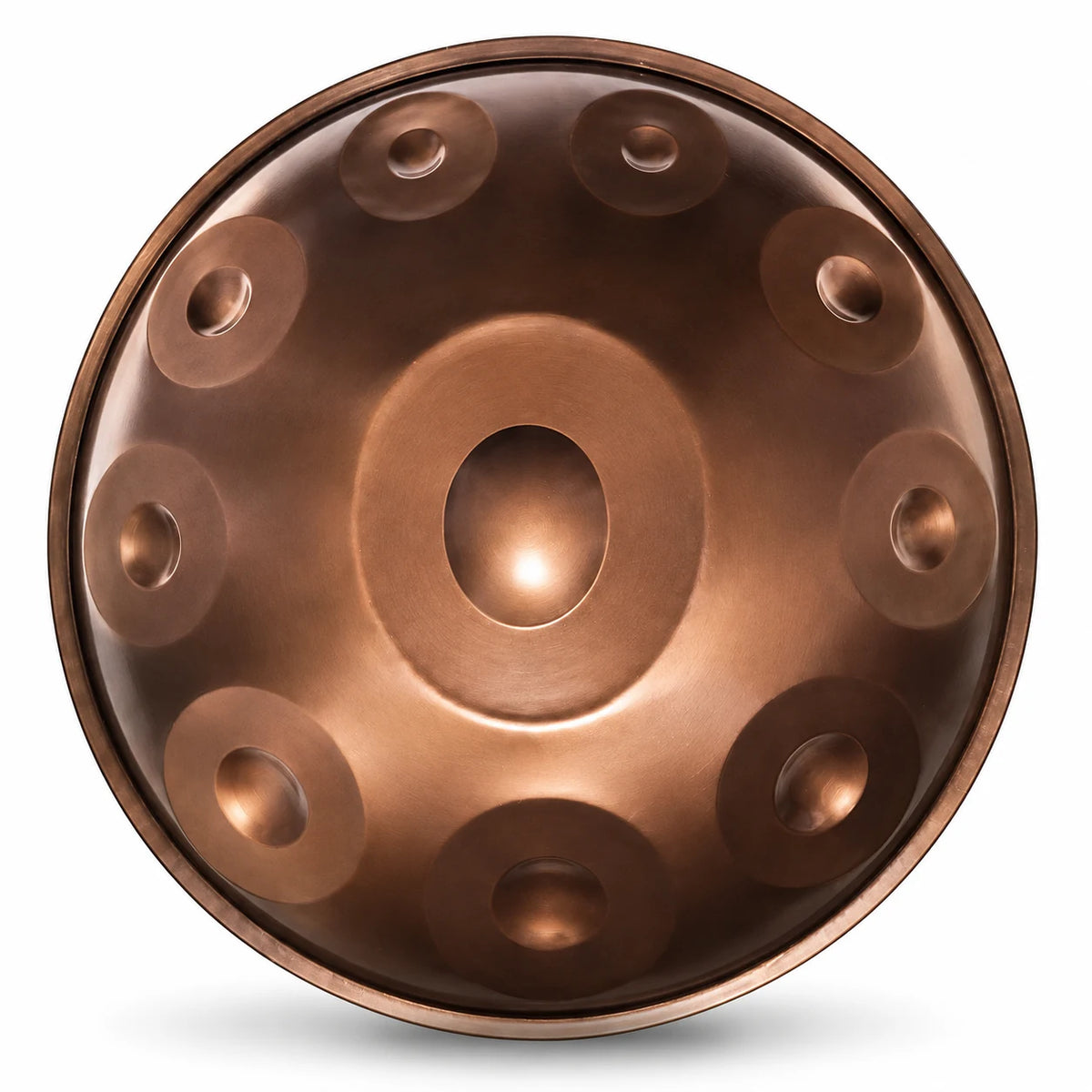 Handpan SOLEIL en Do majeur, finition bronze cuivré, vu de dessus sur fond blanc – Kovapan