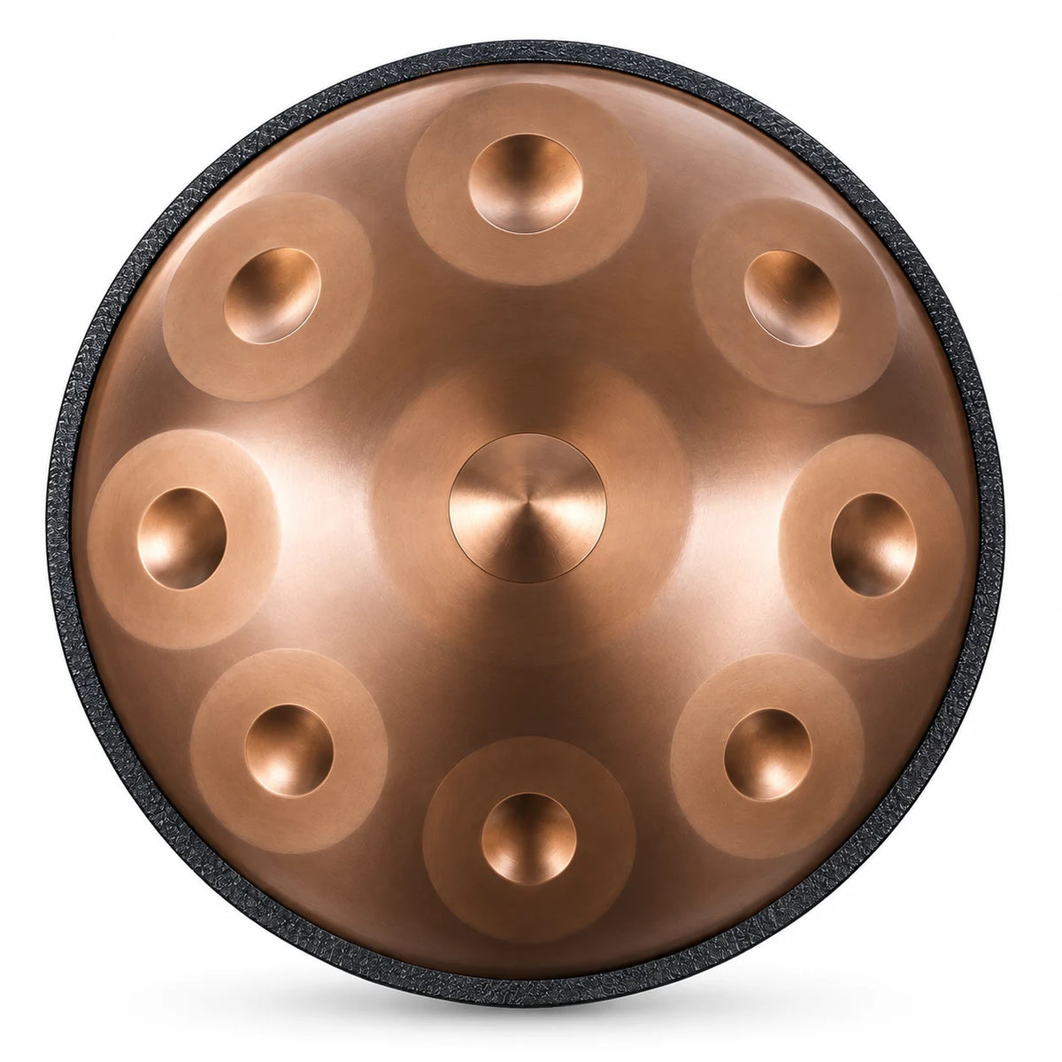 Handpan TEMPO en Ré mineur Kurd, finition bronze poli, vu de dessus sur fond blanc – Kovapan
