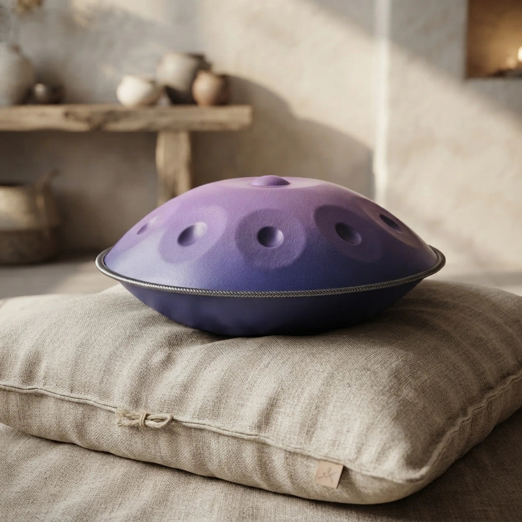 Handpan violet IRIS posé sur un coussin en lin – Kovapan