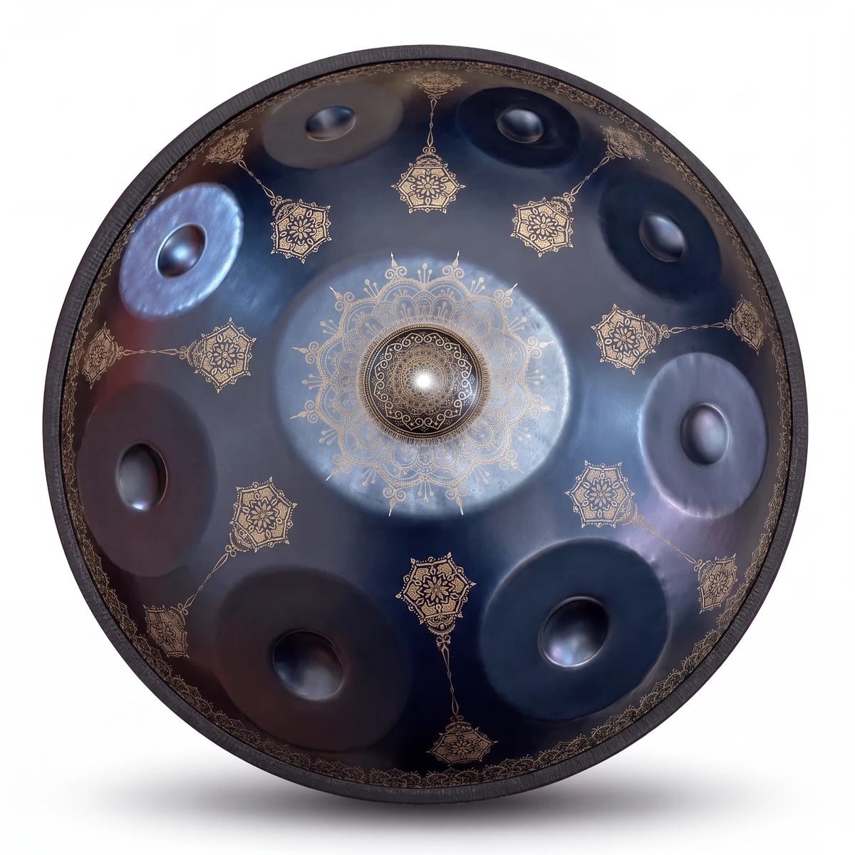 Handpan ZÉNITH Do majeur bleu nuit Kovapan, vue de dessus, mandala central et motifs dorés gravés