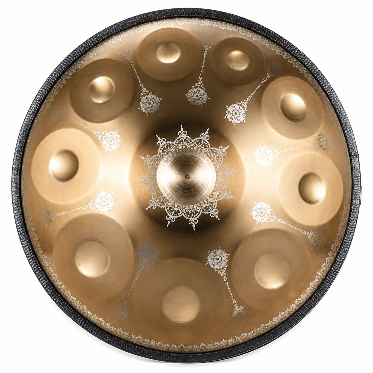 Handpan ZÉNITH Do majeur doré Kovapan, vue de dessus, motifs mandala argentés
