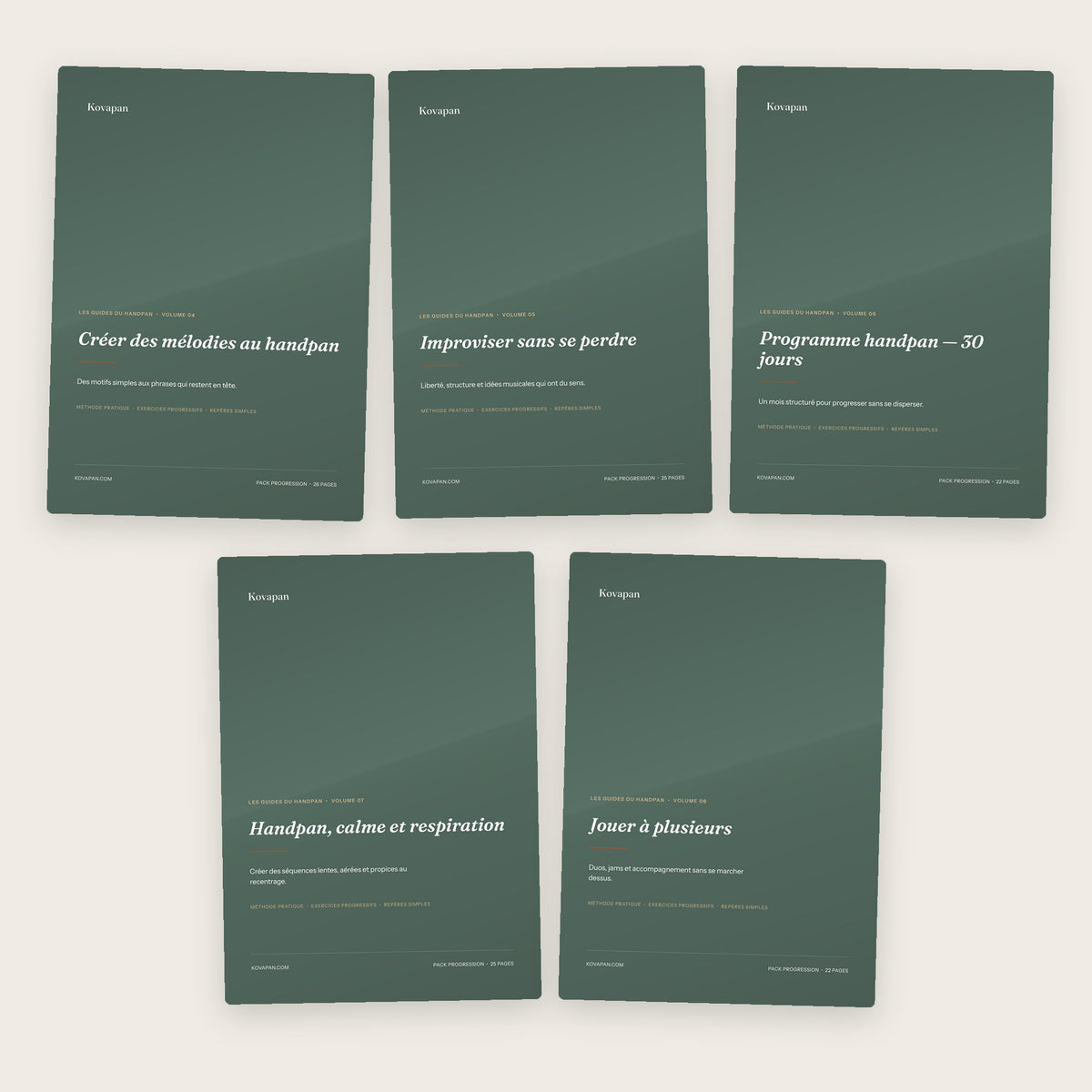 Pack Progression Kovapan : les couvertures des 5 guides PDF handpan (volumes 04 à 08)