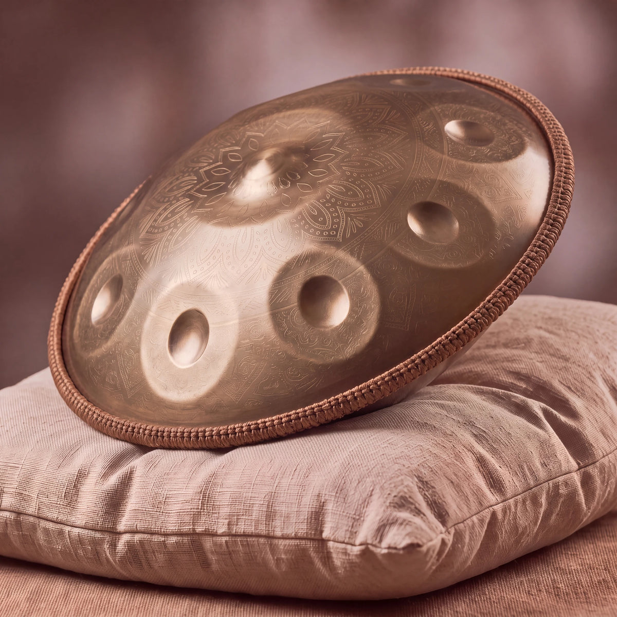 Tambour handpan DUNE doré gravé d'un mandala, posé sur un coussin de lin naturel, cerclage tressé – Kovapan