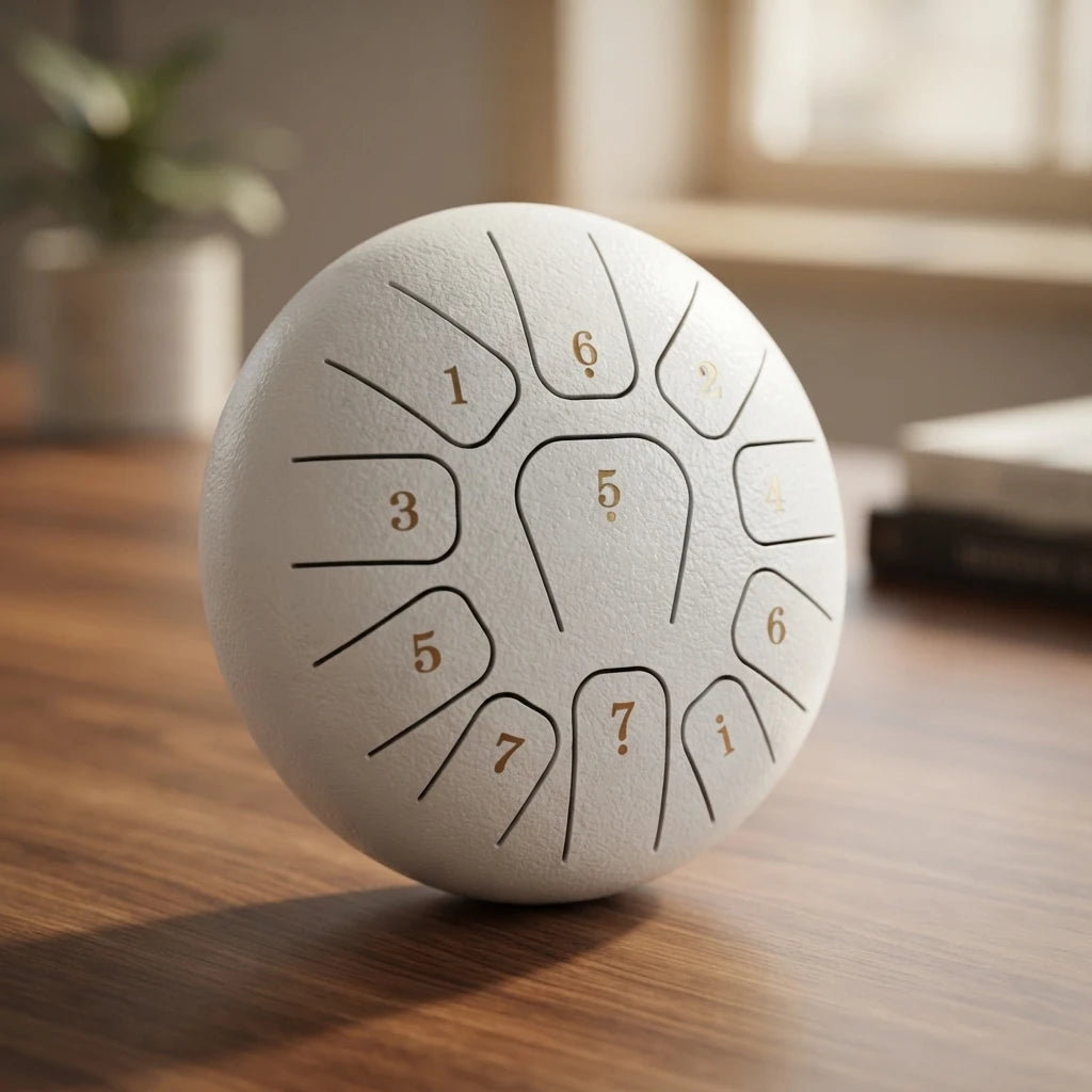 Tongue Drum 11 notes Blanc posé sur une table en bois – Kovapan